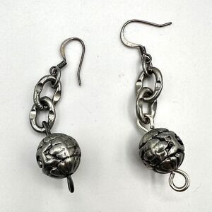 Vintage 90s SilverTone Sculpted Orb Dangle Earrings Chain Link Boho Drop Jewelry